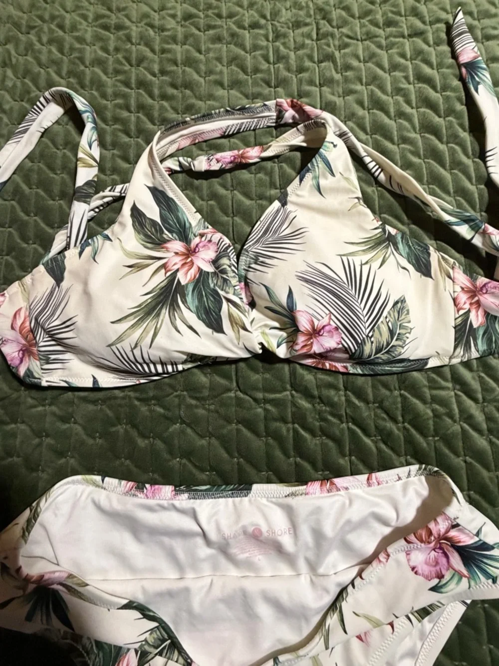 Shade & Shore floral high-waist bikini set white pink size 36D bottom size large